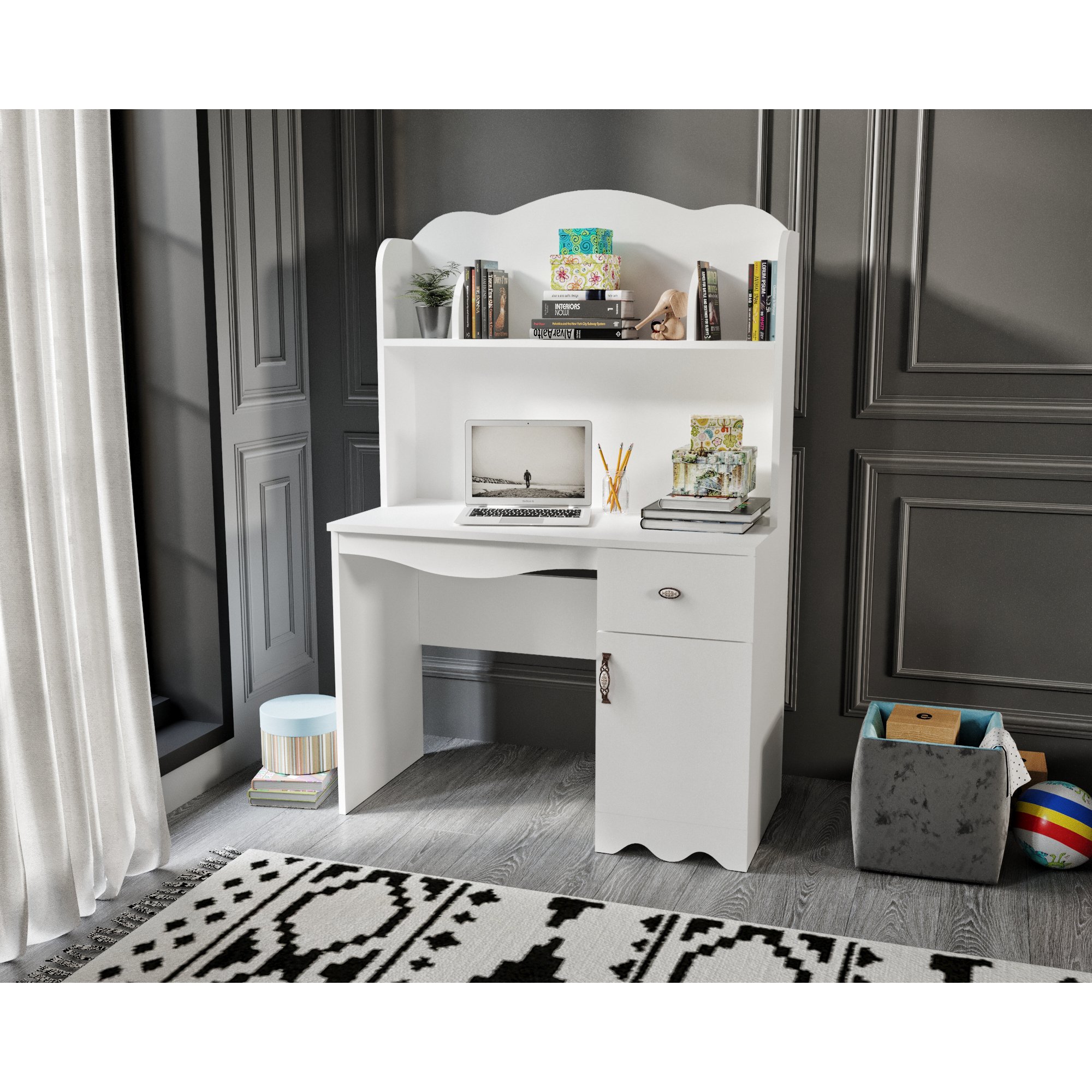 Schreibtisch und Bücherregal :: City Çalışma Masası Beyaz %100 MDF